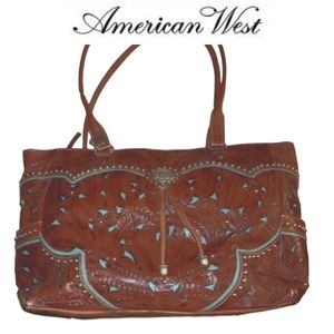 American West Brown Tooled Leather Shoulder Bag with Turquoise Accents